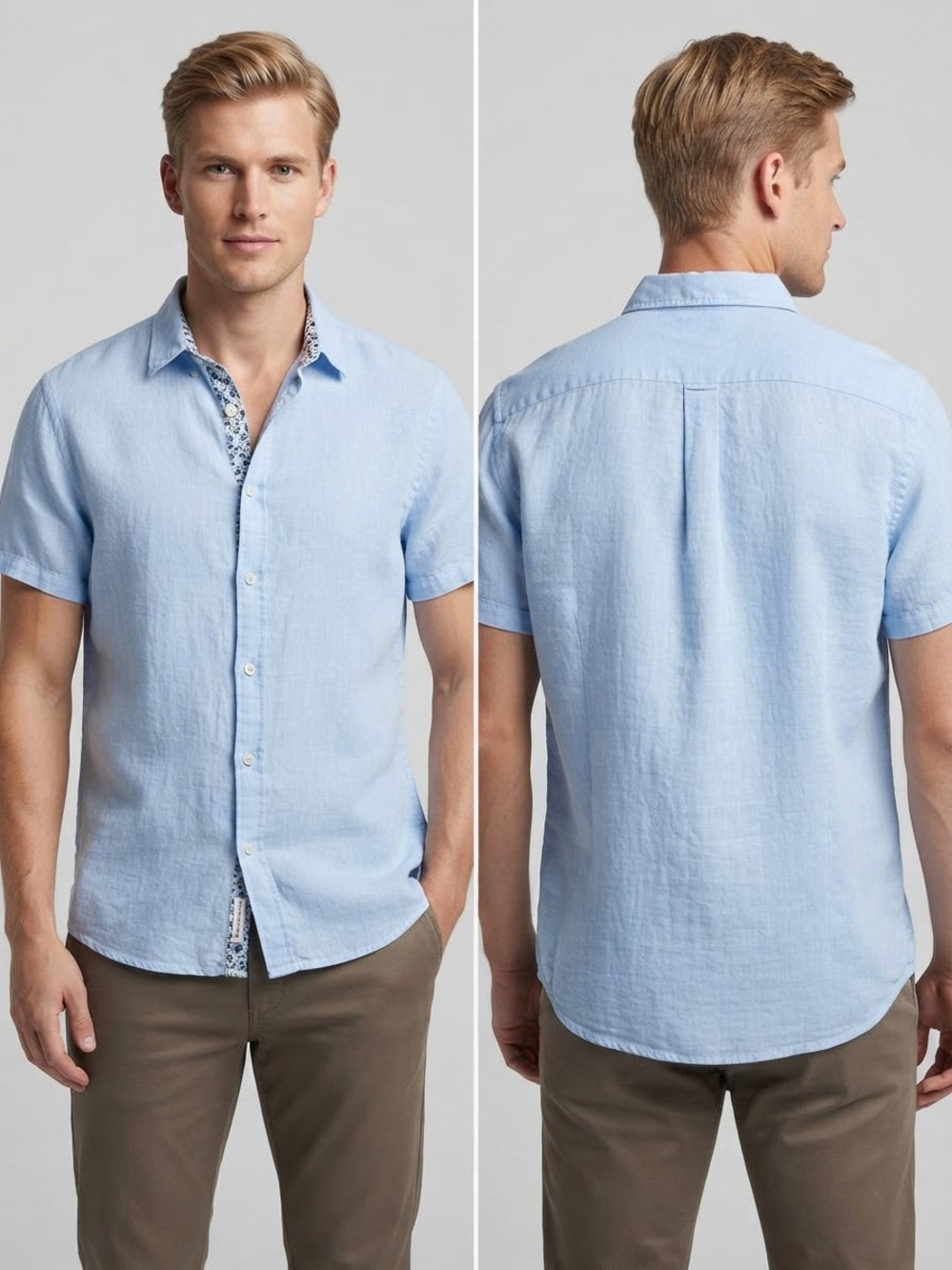 Denim & Flower Men's 100% Linen Blue Short-Sleeve Button-Down Shirt